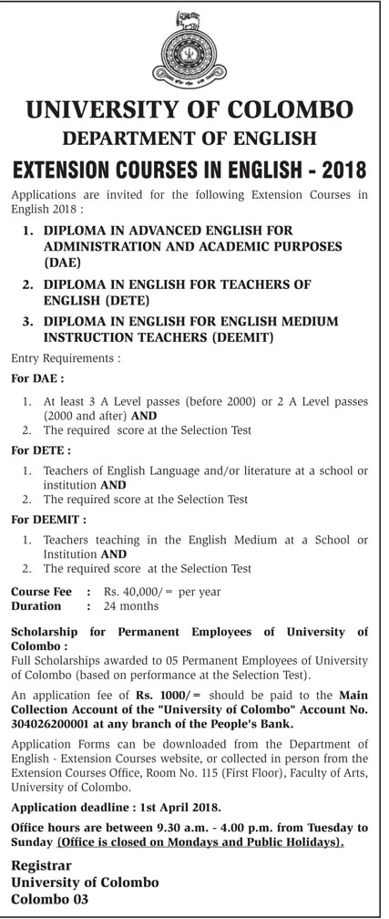 Extension Courses in English (2018) - Department of English - University of Colombo